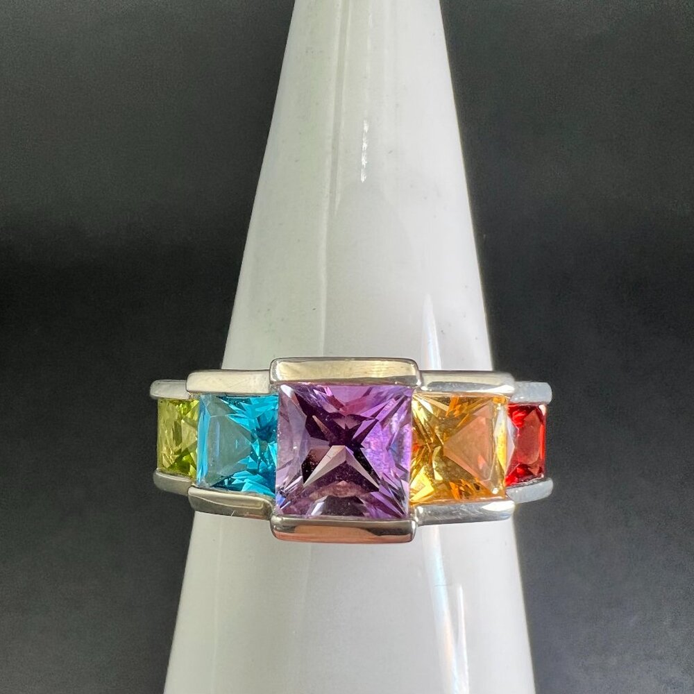 Sterling Silver Multi Gemstone Band Ring Size 8.5 Princess Cut 925 Amethyst